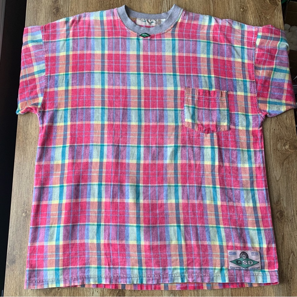 Vintage Quiksilver T Shirt Large Plaid Pink Surf 90s